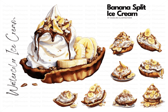 Download Banana Split Ice Cream Watercolor Set - Premium Resources